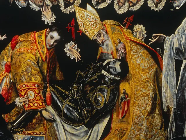 Detail of El Greco's Burial of the Count of Orgaz: Saint Stephen and Saint Augustine lowering the count in armour