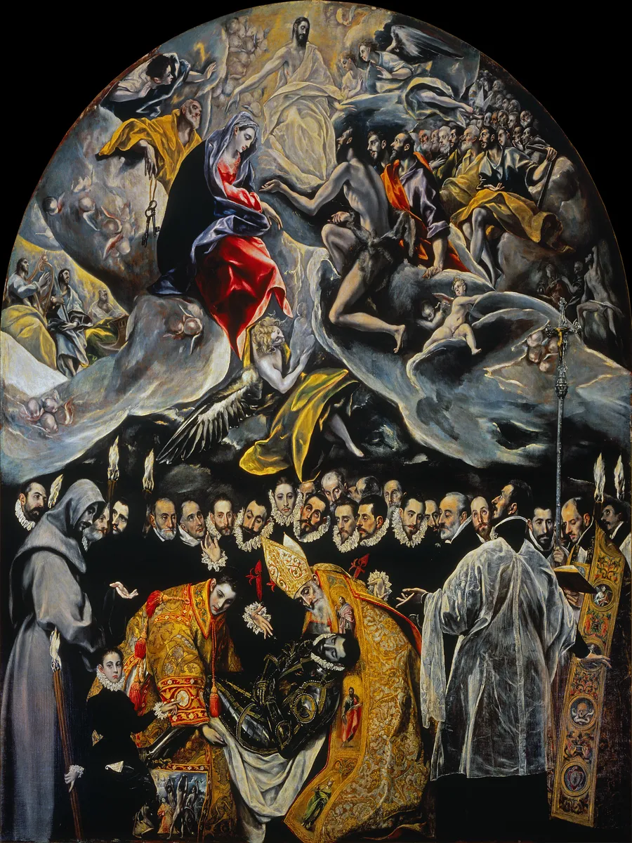 El Greco, The Burial of the Count of Orgaz, the whole arched canvas with the funeral below and heaven above