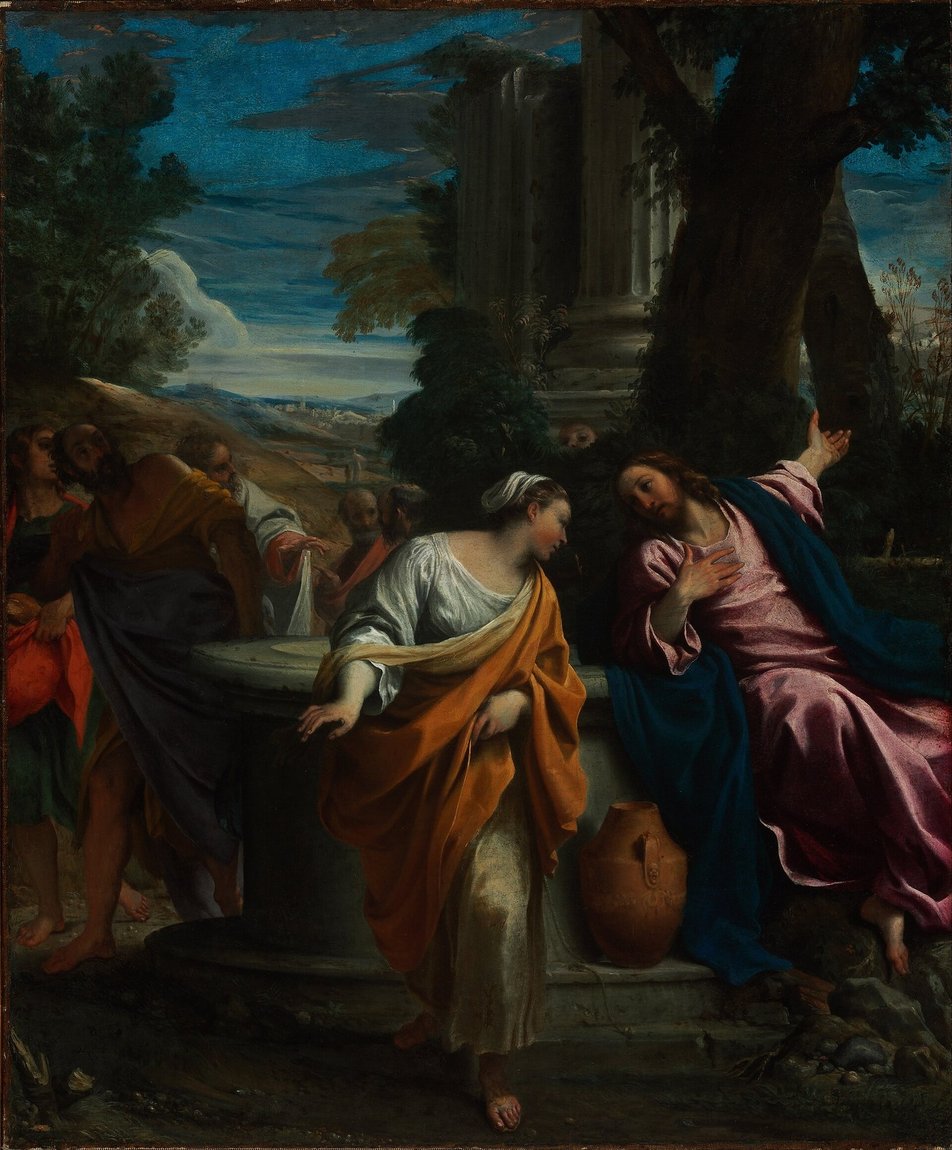 Annibale Carracci's Christ and the Samaritan Woman: Christ seated by a well speaking to a woman holding a jar