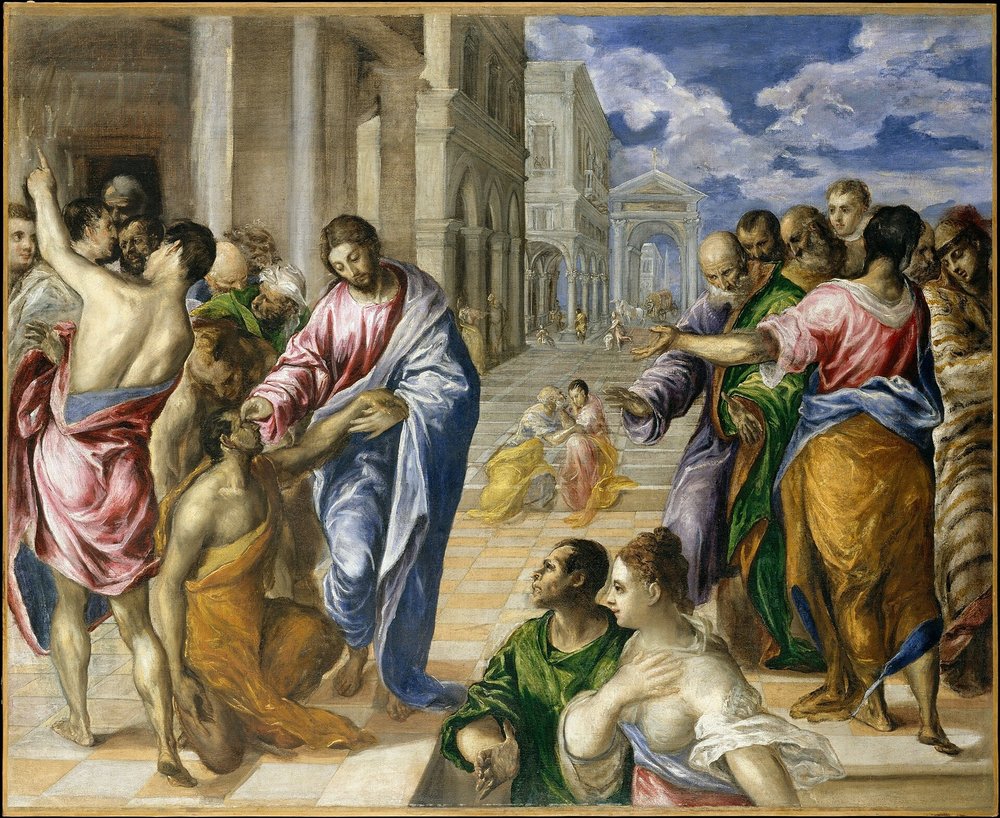 El Greco's Christ Healing the Blind: Christ touching the eyes of a kneeling blind man in a crowded square