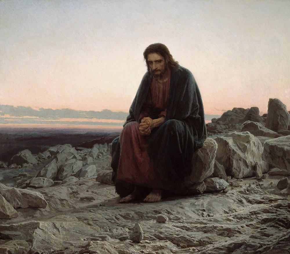 Kramskoy's Christ in the Wilderness: Christ seated alone on a rock in a stony desert at dawn, hands clasped