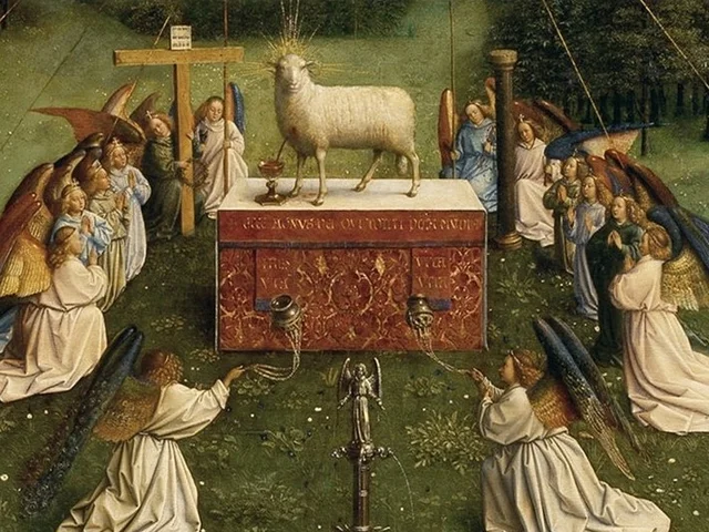 The Lamb of God standing on an altar surrounded by kneeling angels holding the cross and the column, detail of the Ghent Altarpiece by Hubert and Jan van Eyck