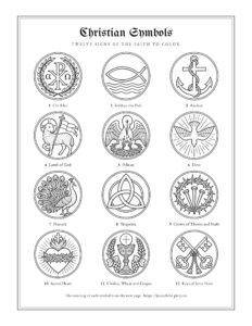 Christian Symbols coloring page, free printable sheet with twelve symbols to color and a page of meanings