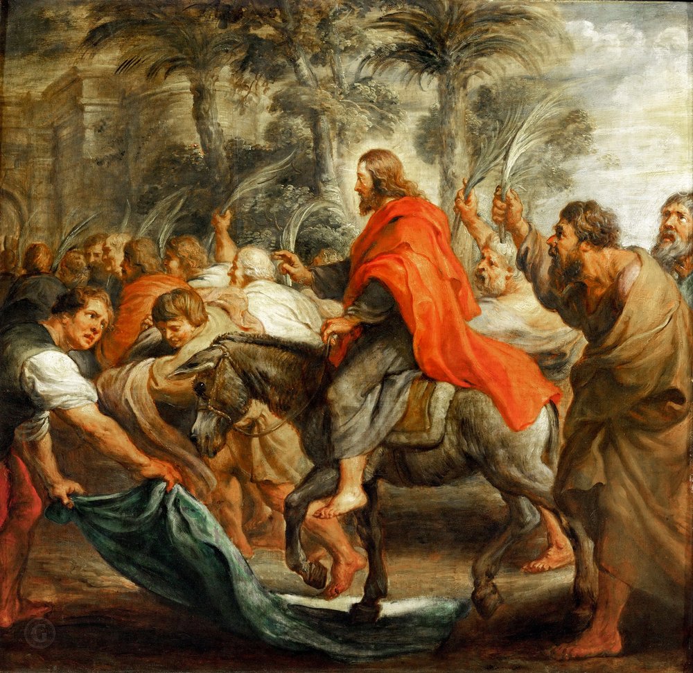 Rubens' Christ's Entry into Jerusalem: Christ riding a donkey in a red cloak while the crowd spreads cloaks and palms