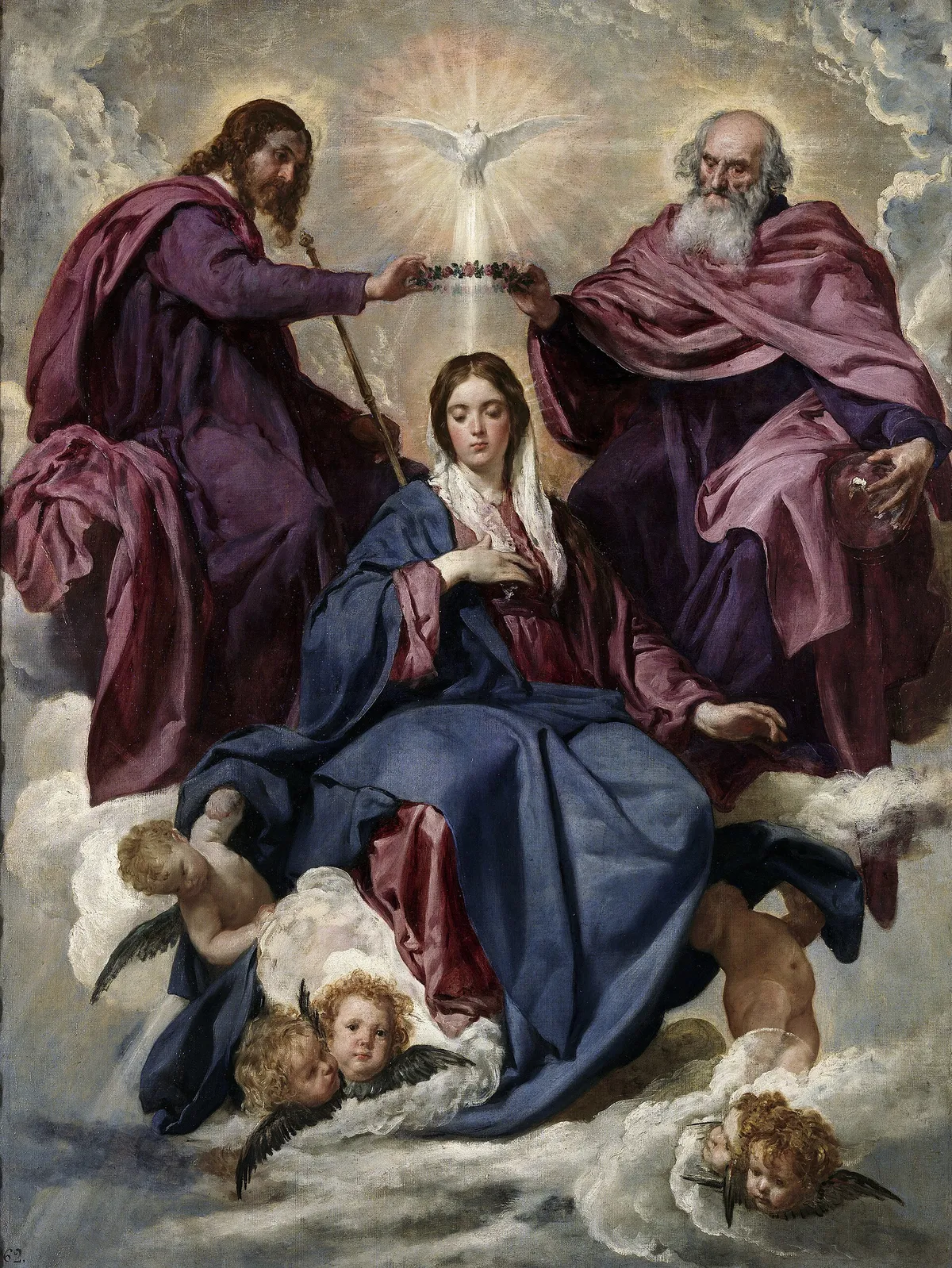 Velazquez's Coronation of the Virgin: Mary in red and blue, hand on her heart, crowned by the Father and the Son on clouds, cherubs beneath her