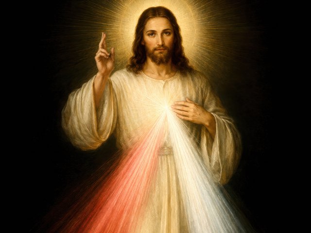 Christ in a white garment raises his right hand in blessing and touches his heart, from which a pale ray and a red ray stream down