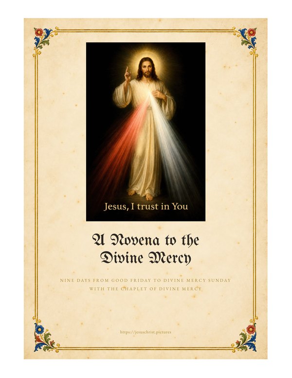 A Novena to the Divine Mercy, cover of the free printable booklet in illuminated style