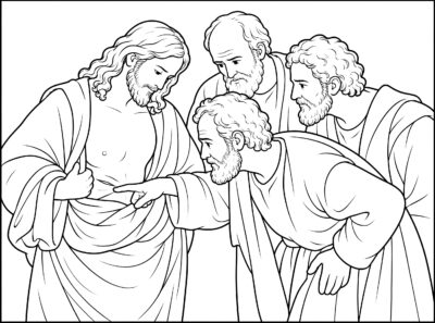 The Incredulity of Saint Thomas coloring page inspired by The Incredulity of Saint Thomas by Caravaggio, free printable Easter line art