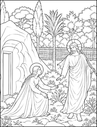Noli Me Tangere coloring page inspired by Noli Me Tangere by Fra Angelico, free printable Easter line art