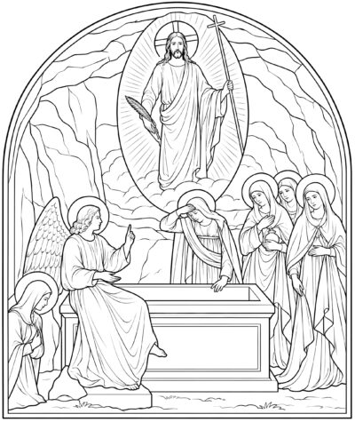 The Holy Women at the Tomb coloring page inspired by The Holy Women at the Tomb by Fra Angelico, free printable Easter line art