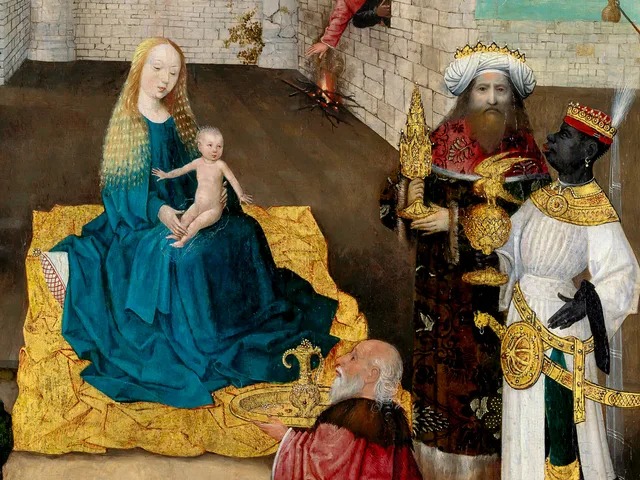 The Virgin in a blue robe holding the Child on a cloth of gold, the eldest king kneeling with his gift and two kings standing behind, detail of Bosch's Adoration of the Magi