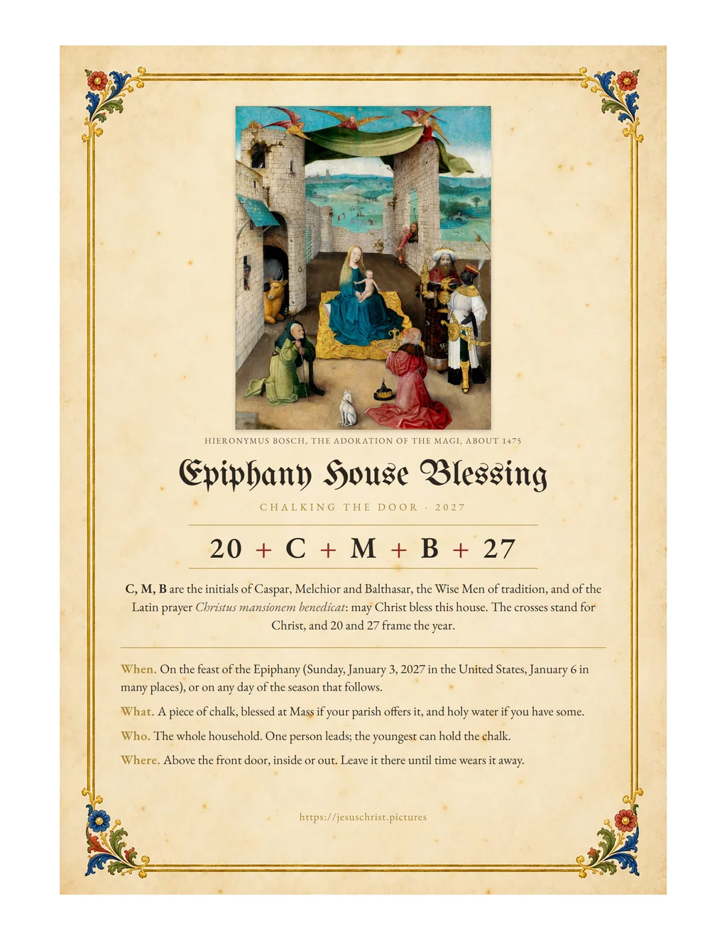 Epiphany House Blessing 2027, free printable with Bosch's Adoration of the Magi and the inscription 20 + C + M + B + 27
