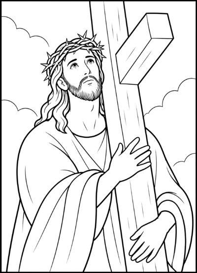 Christ Carrying the Cross coloring page inspired by Christ Carrying the Cross by El Greco, free printable Easter line art