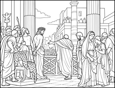 Ecce Homo coloring page inspired by Ecce Homo by Antonio Ciseri, free printable Easter line art