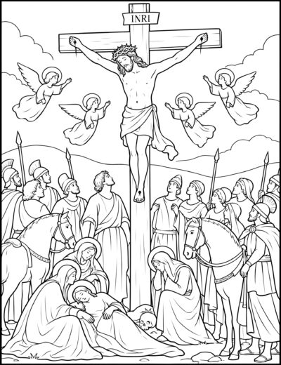 The Crucifixion coloring page inspired by The Crucifixion by Fra Angelico, free printable Easter line art