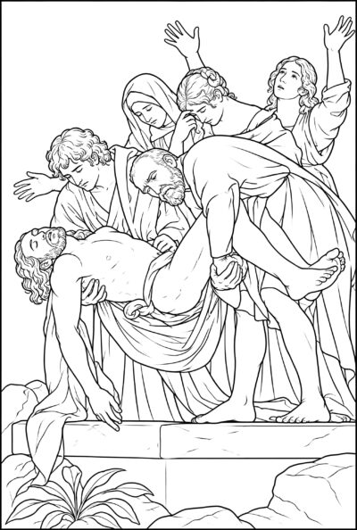 The Entombment coloring page inspired by The Entombment by Caravaggio, free printable Easter line art