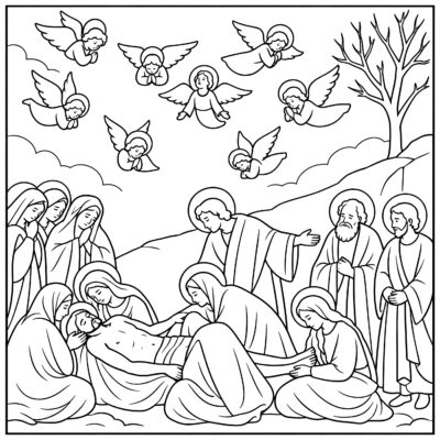 The Lamentation coloring page inspired by The Lamentation by Giotto, free printable Easter line art