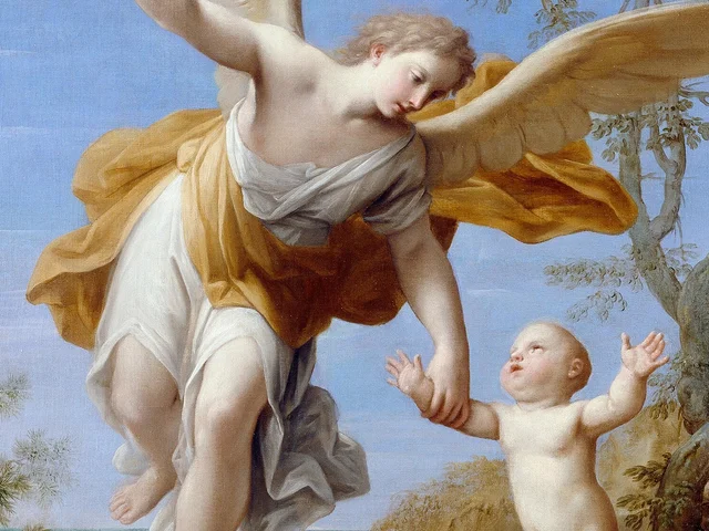 A guardian angel in white and gold flying low and holding a small child by the hand, detail of Franceschini's Guardian Angel