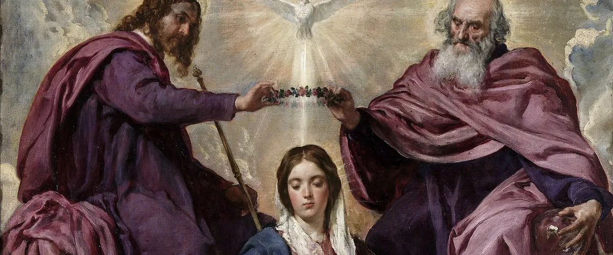 The Father and the Son crown the Virgin Mary beneath the dove of the Holy Spirit, Velazquez