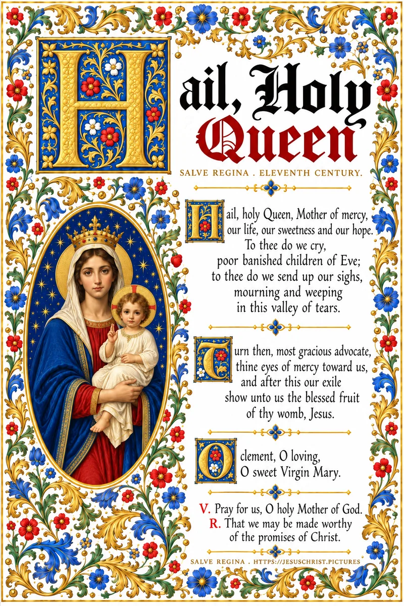 Hail Holy Queen prayer card in illuminated style: the crowned Virgin and Child in an oval medallion beside the full prayer, with a gold initial H