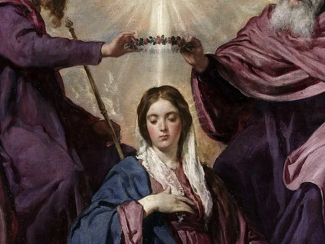 The Virgin Mary with lowered eyes as the Father and the Son hold a crown of roses above her head, detail of Velazquez's Coronation of the Virgin