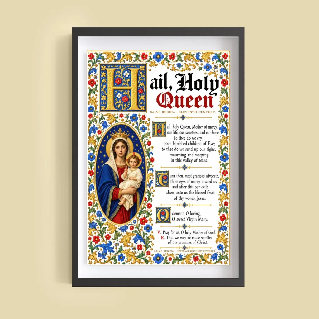 Hail Holy Queen Prayer Poster – Salve Regina Medieval Illuminated Wall Art