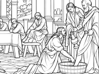 Christ Washing the Disciples' Feet coloring page inspired by Christ Washing the Disciples' Feet by Tintoretto, free printable Easter line art