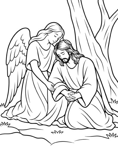 Christ in Gethsemane coloring page inspired by Christ in Gethsemane by Carl Bloch, free printable Easter line art