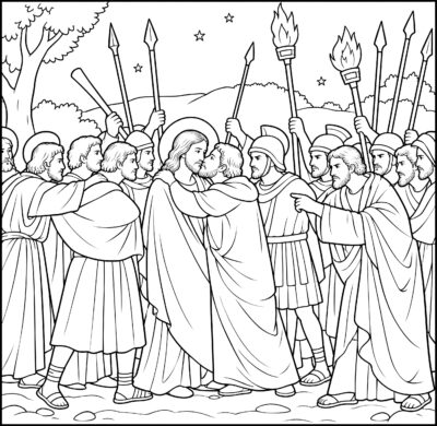 The Kiss of Judas coloring page inspired by The Kiss of Judas by Giotto, free printable Easter line art