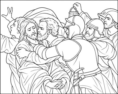 The Taking of Christ coloring page inspired by The Taking of Christ by Caravaggio, free printable Easter line art