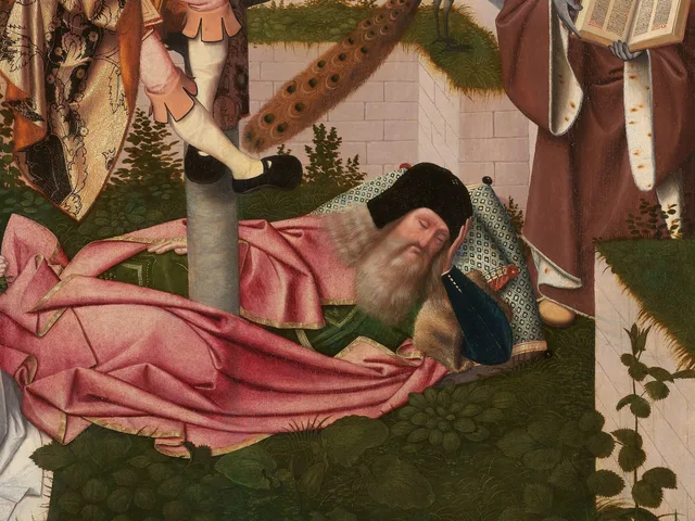 Detail of a Tree of Jesse painting, Jesse asleep at the foot of the tree with the trunk rising from him
