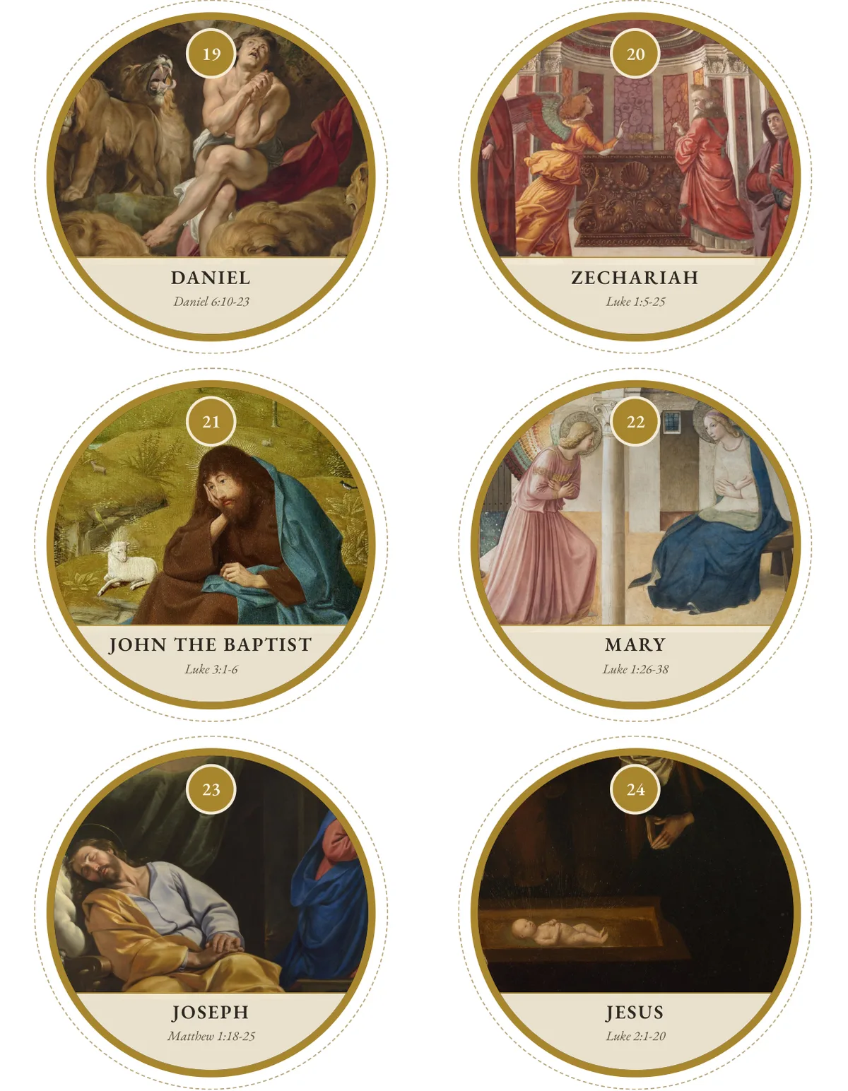 Printable Jesse Tree ornaments for December 19 to 24: Daniel, Zechariah, John the Baptist, Mary, Joseph and Jesus, each a detail of a great painting