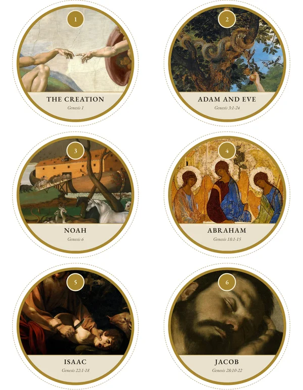 Jesse Tree ornaments free printable, six round ornaments from great paintings