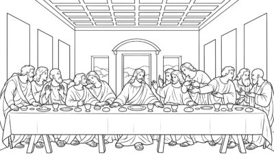 The Last Supper coloring page inspired by The Last Supper by Leonardo da Vinci, free printable Easter line art