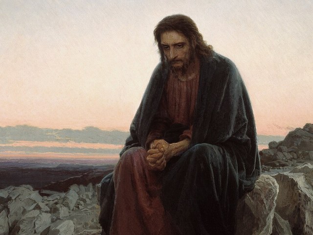 Christ seated alone on a rock in the desert at dawn, head bowed and hands clasped, detail of Kramskoy's Christ in the Wilderness