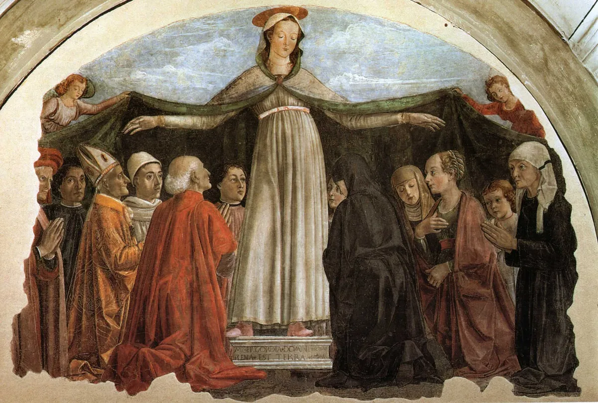 Ghirlandaio's fresco of the Madonna of Mercy spreading her mantle over the kneeling Vespucci family in the church of Ognissanti, Florence