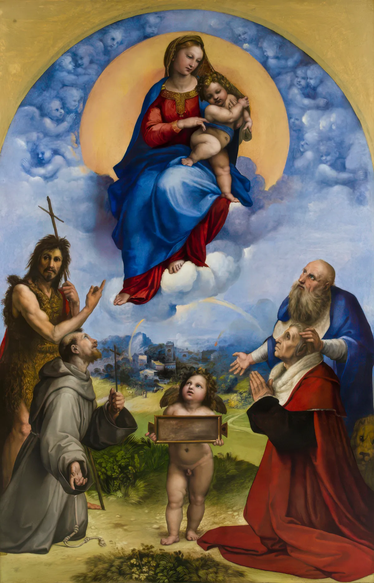 Raphael's Madonna di Foligno: Mary and the Child in a golden sun above the clouds, saints and the kneeling donor below, an angel holding a tablet