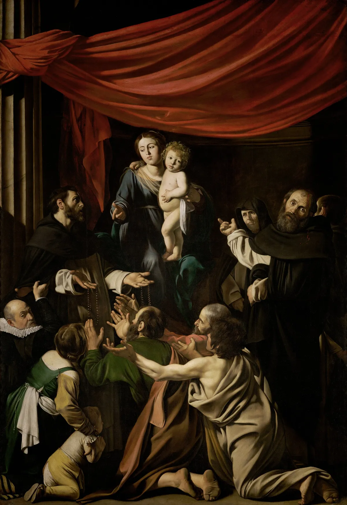 Caravaggio's Madonna of the Rosary: the Virgin and Child enthroned under a red curtain, Saint Dominic holding out rosaries to kneeling poor people