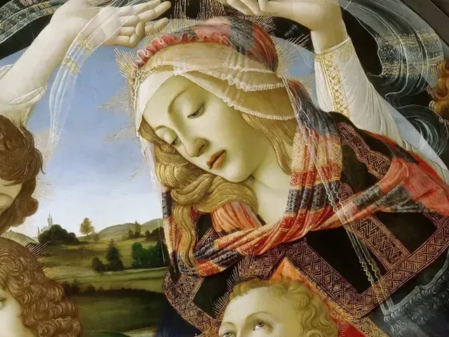 The face of the Virgin Mary, eyes lowered under a transparent veil, as two angels hold a golden crown above her head, detail of Botticelli's Madonna of the Magnificat