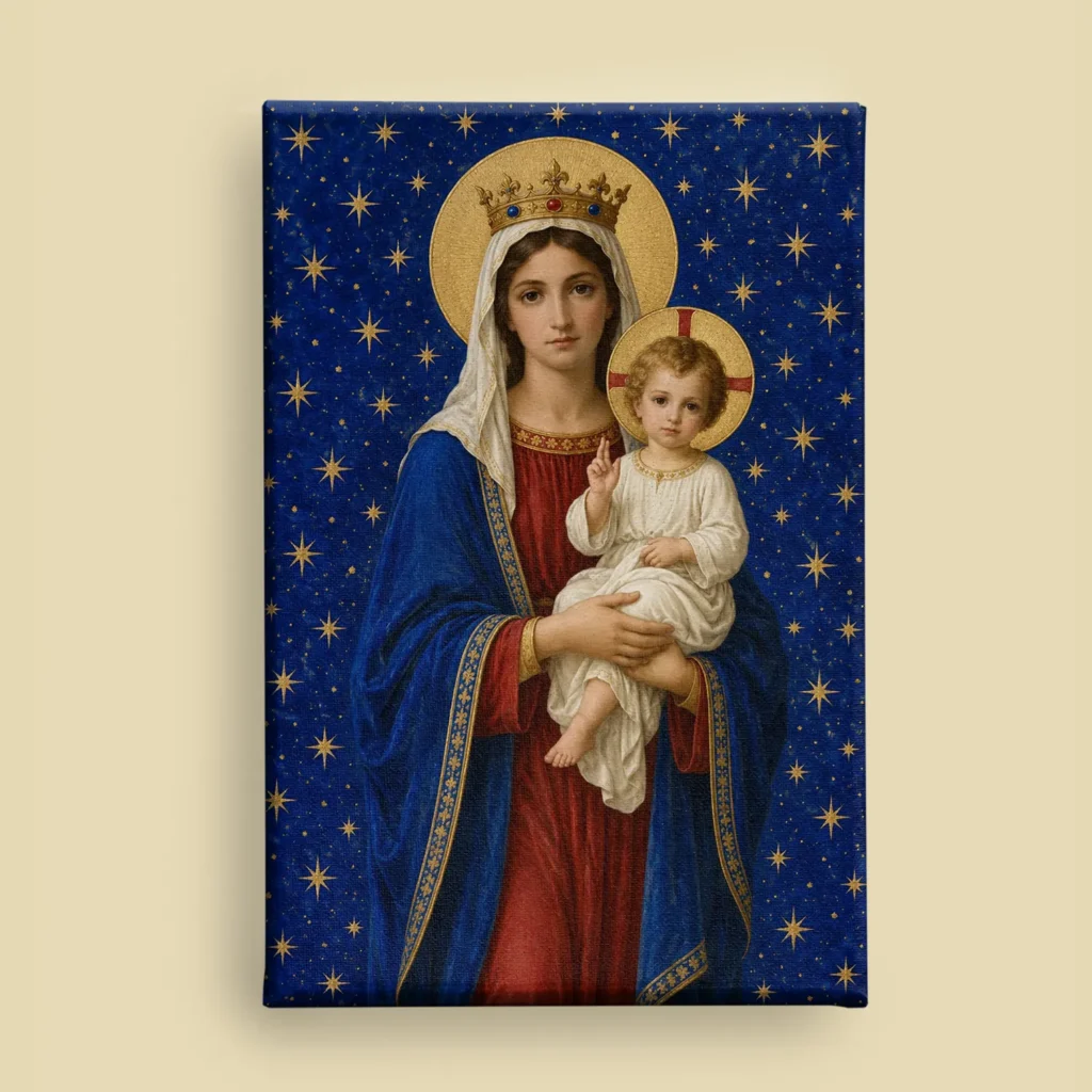 Mary Queen of Heaven Canvas – Crowned Madonna and Child Under the Stars