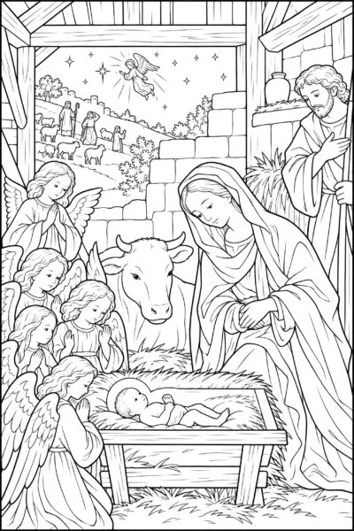 Nativity at Night coloring page inspired by Nativity at Night by Geertgen tot Sint Jans, free printable Nativity line art