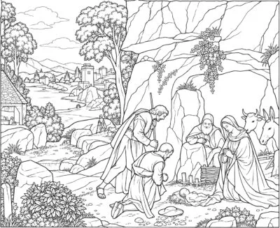 The Adoration of the Shepherds coloring page inspired by The Adoration of the Shepherds by Giorgione, free printable Nativity line art