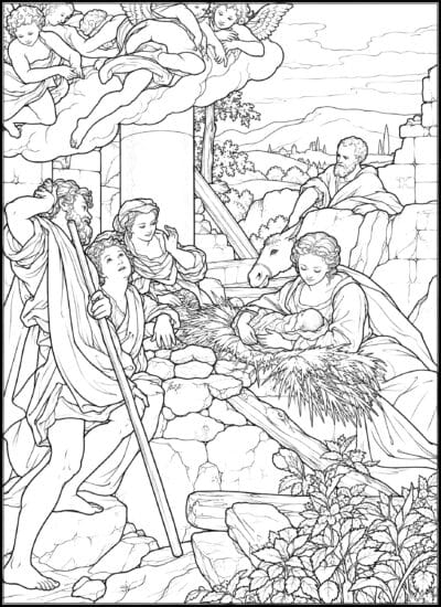 The Holy Night coloring page inspired by The Holy Night by Correggio, free printable Nativity line art