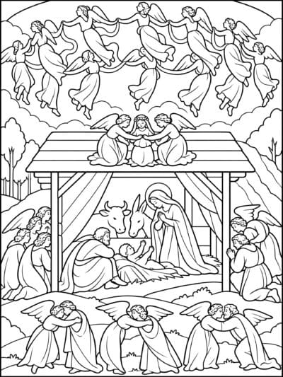 Mystic Nativity coloring page inspired by Mystic Nativity by Sandro Botticelli, free printable Nativity line art