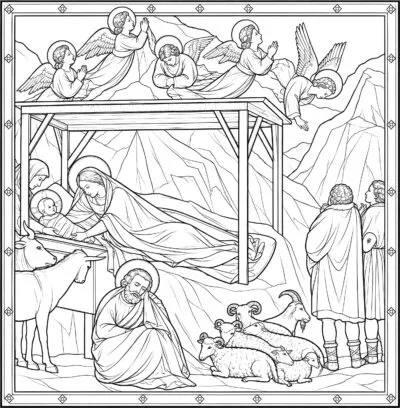 The Nativity coloring page inspired by The Nativity by Giotto, free printable Nativity line art