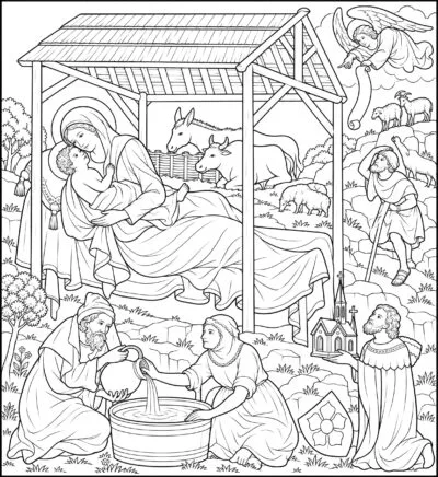 The Nativity coloring page inspired by The Nativity by Master of Vyšší Brod, free printable Nativity line art