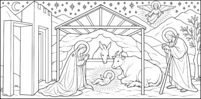 The Nativity coloring page inspired by The Nativity in the style of Fra Angelico, free printable Nativity line art