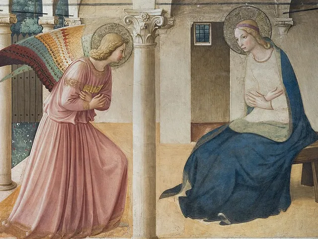Detail of Fra Angelico's Annunciation at San Marco, the angel Gabriel bowing before the Virgin Mary