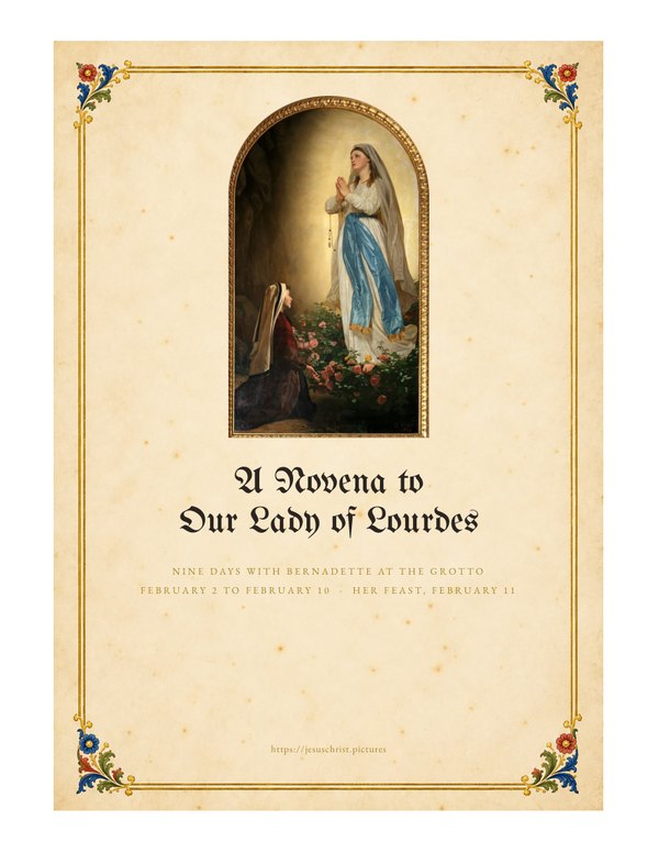 A Novena to Our Lady of Lourdes, cover of the free printable nine-day booklet in illuminated style
