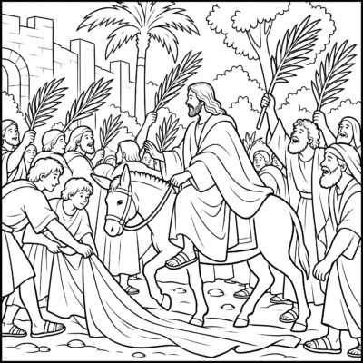 Christ's Entry into Jerusalem coloring page inspired by Christ's Entry into Jerusalem by Peter Paul Rubens, free printable Easter line art